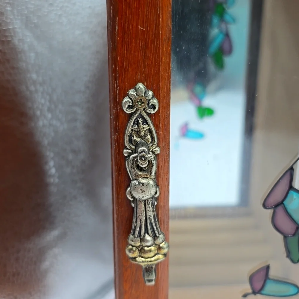 Vintage Farrington Wooden Armoire Jewelry Cabinet with Mirror and Stained Glass